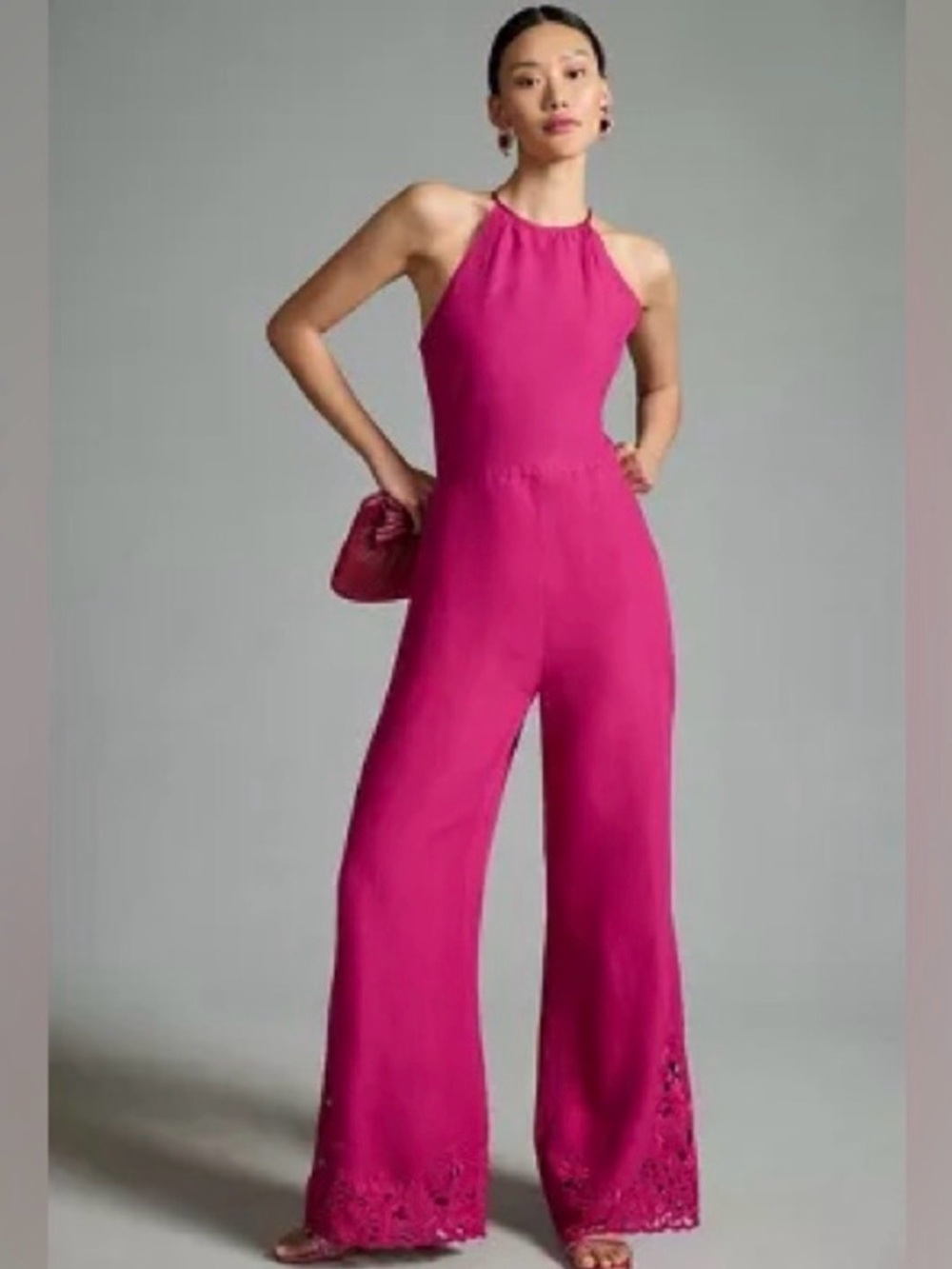 Anthropologie Fuchsia Halter Wide-Leg Jumpsuit with Lace Trim